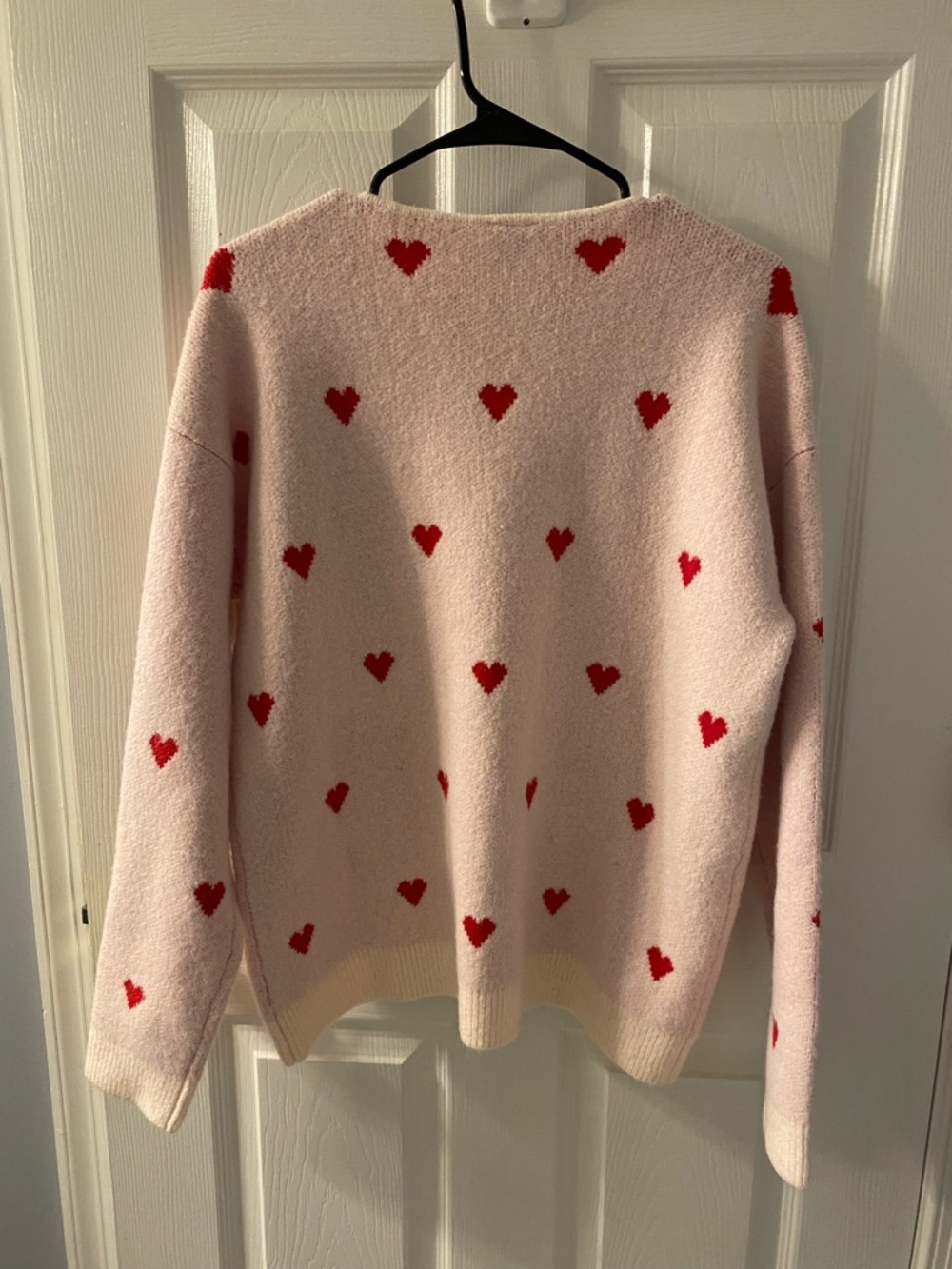Pink V-Neck Sweater with Red Heart Pattern - Picture 3 of 5